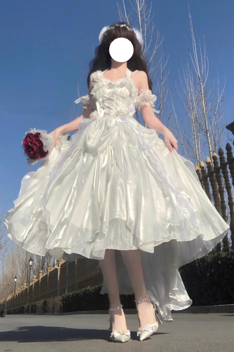 白い [Cindy Rose] ハルターネック ノースリーブ フリル ボウノット スイート エレガント ロリータ Jsk ドレス 