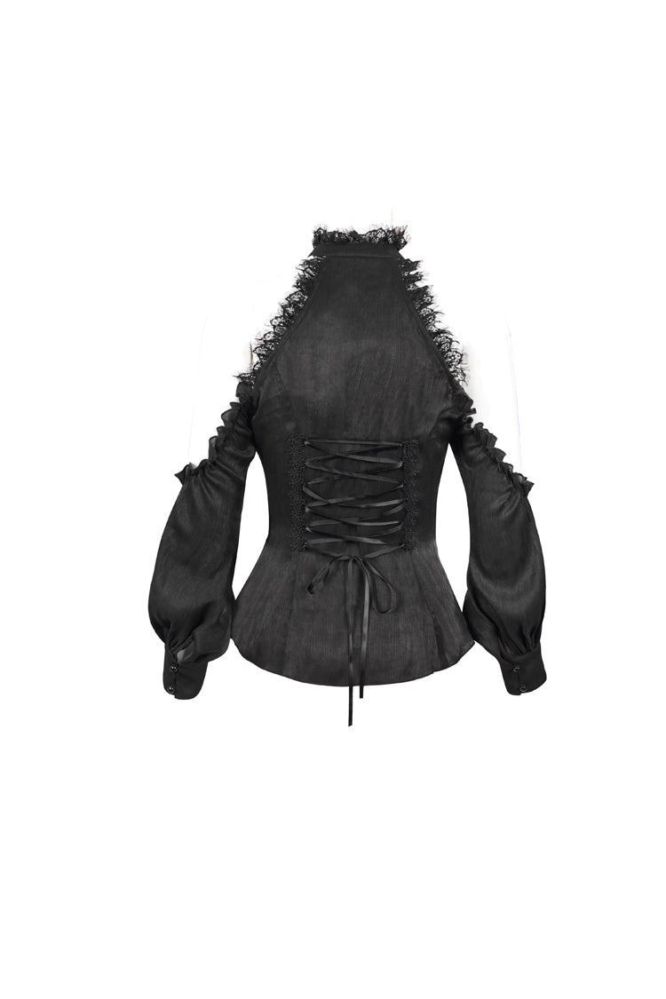 Black Lantern Sleeves Off The Shoulder Halter Lace Ruffled Women's Gothic Shirt