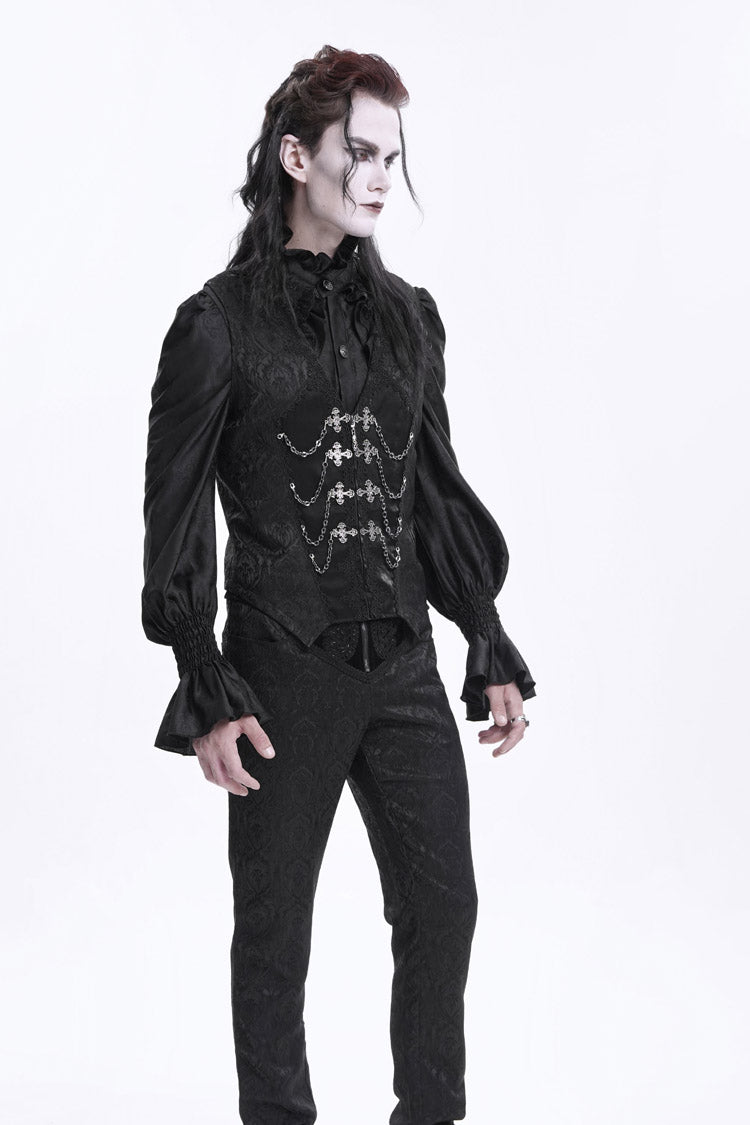 Black Sleeveless Jacquard Chain Buckle-up Men's Gothic Vest