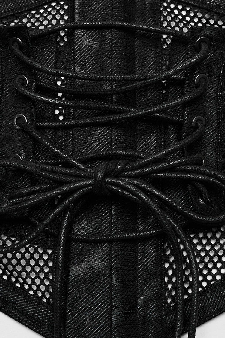 Black Print Leather Hollow Stitching Mesh Women's Gothic Corset