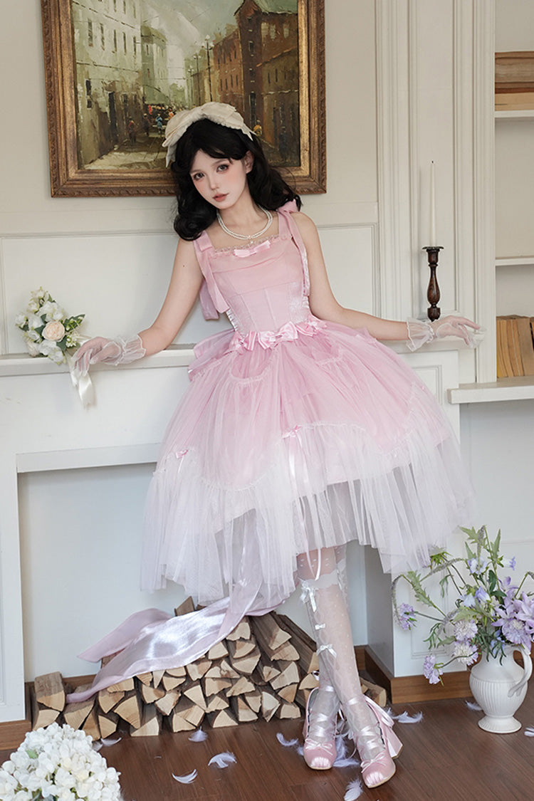 Robe Jsk Sweet Lolita sans manches avec nœud papillon et volants en os de poisson [Mer Mousseuse] rose 