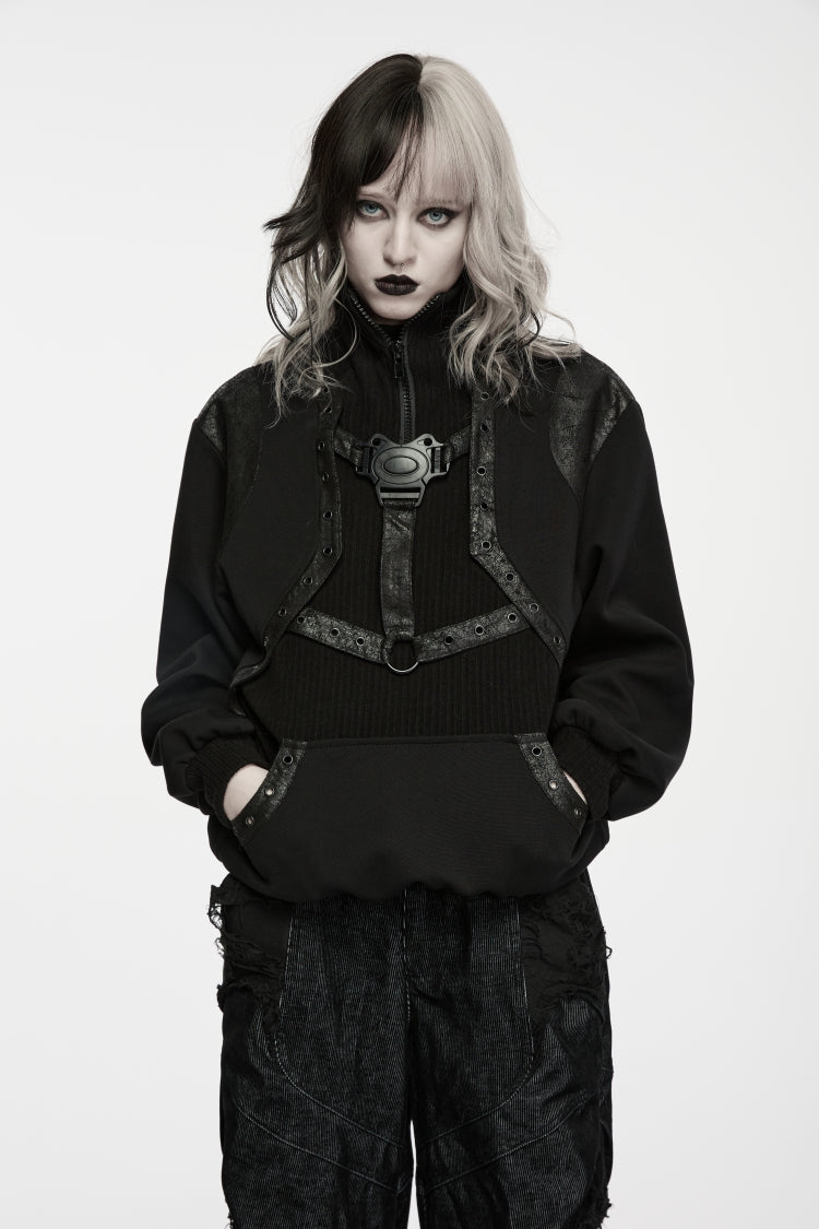 Black Stand Collar Long Sleeves Cut-Out Patchwork Eyelet Women's Punk Coat