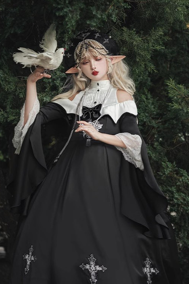 Black [Cross Nun] Stand Collar Off Shoulder Print Bowknot Gothic Elegant Lolita Dress