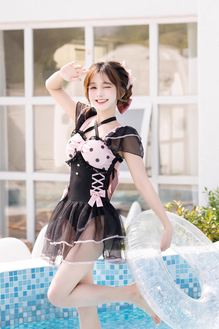 Black/Pink Blackberry Bubble Water Wave Dot Printing Bow Lolita One Piece Swimsuit