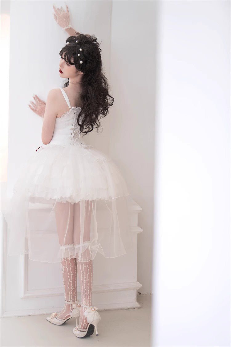 White High Waisted Multi-layer Rose Bowknot Lace-Up Gothic Lolita Jsk Dress