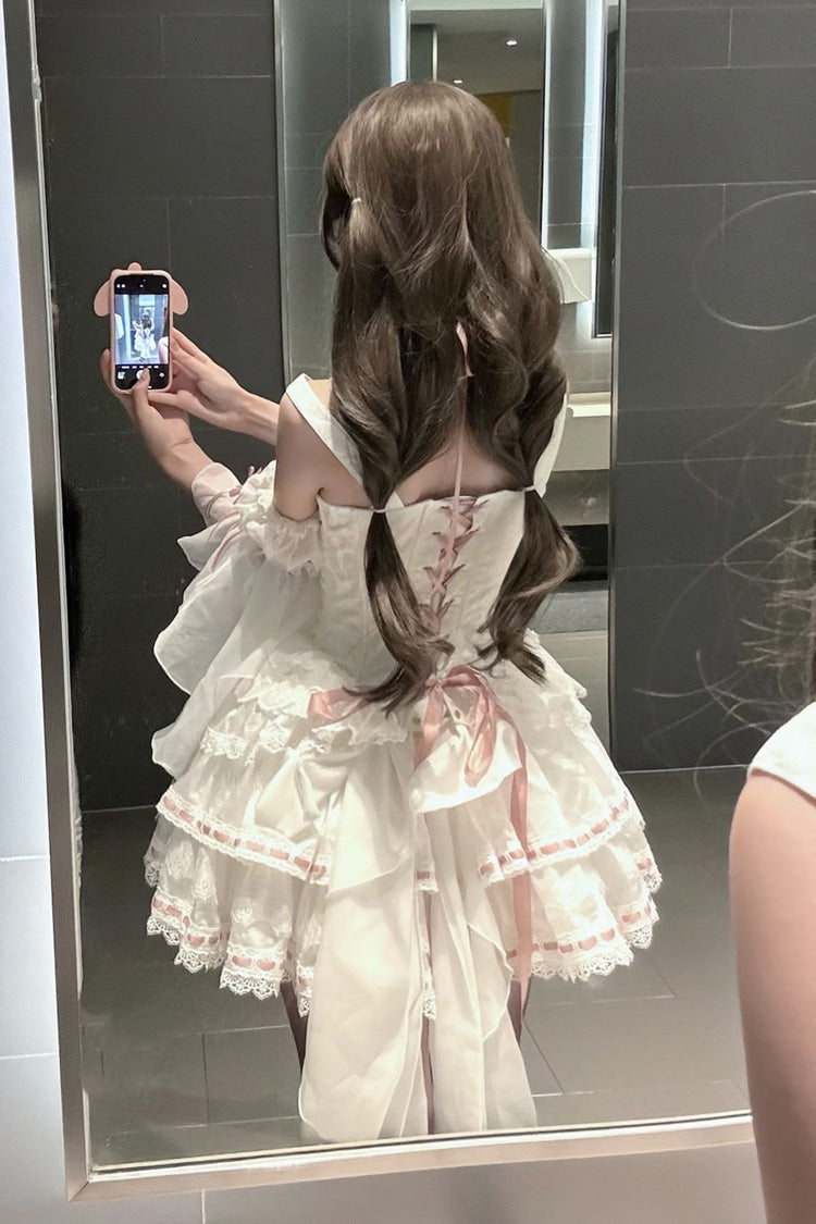 White [Little Love Song] Detachable Trumpet Sleeves Ruffle Bowknot Lace Sweet Lolita Top Skirt Set