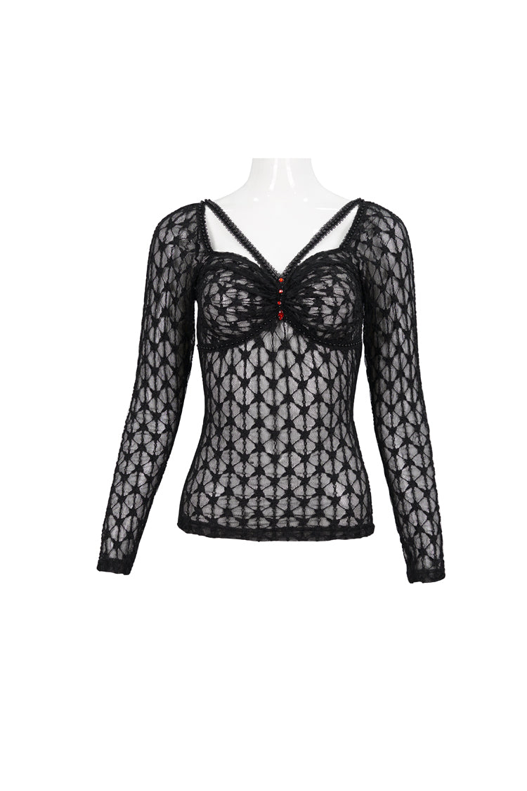 Schwarzes Spitzen-Netz vorne mit roten Rauten, langärmelig, transparent, Punk-T-Shirt für Damen
