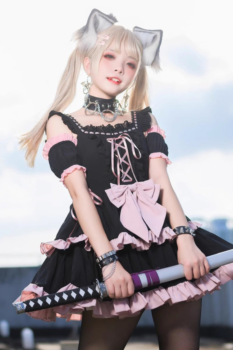 Black/Pink Sleeveless Multi-layer Ruffle Bowknot Sweet Hunt Lolita Jsk Dress