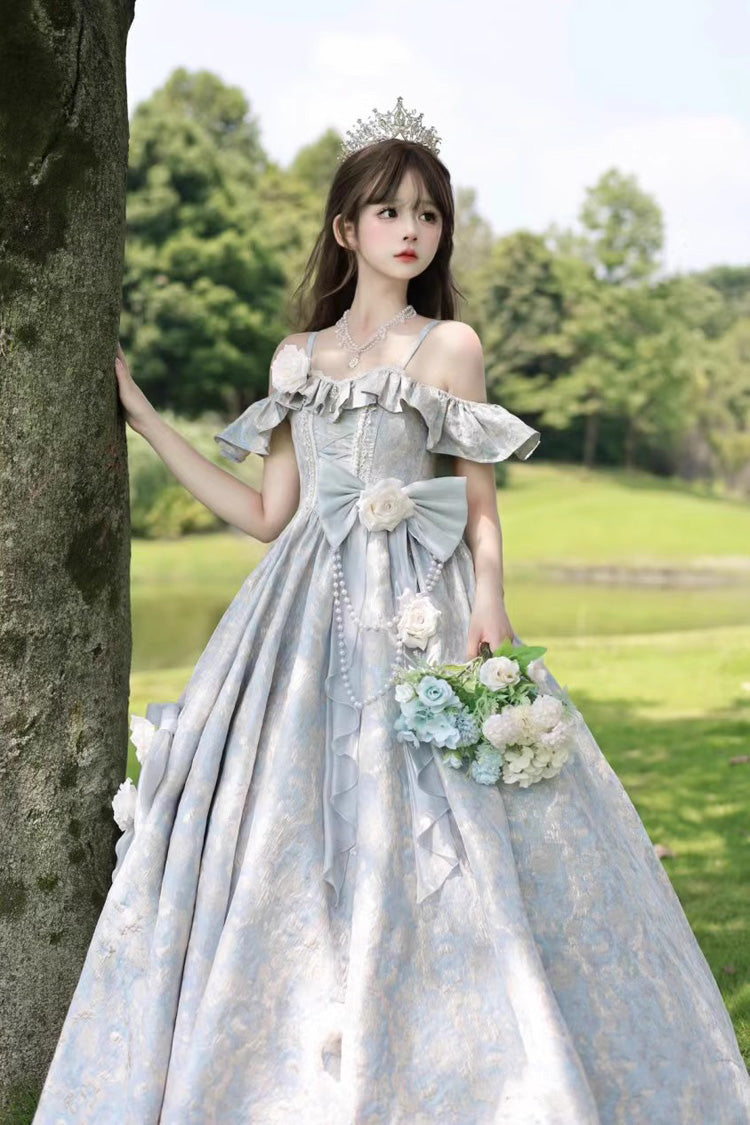 Off Shoulder Print Hanayome Embroidery Bowknot Sweet Princess Lolita Dress 2 Colors
