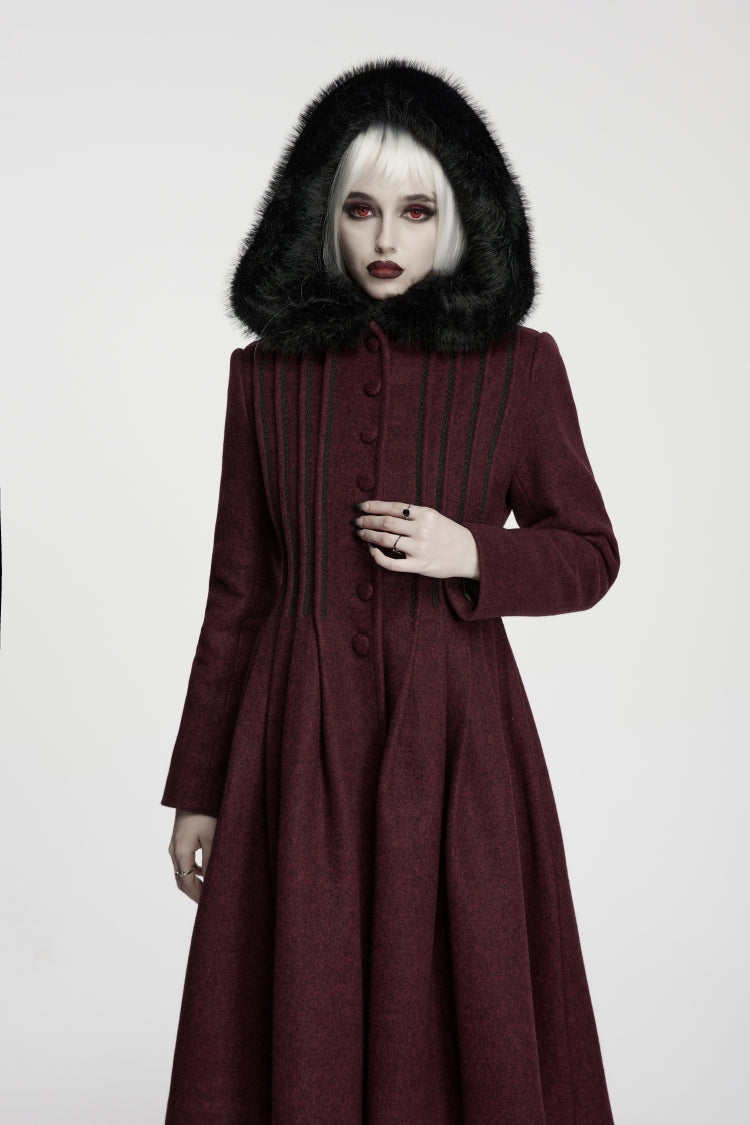 Manteau luxueux de princesse à capuche pour femmes, manches longues, coupe cintrée, simple boutonnage, rouge