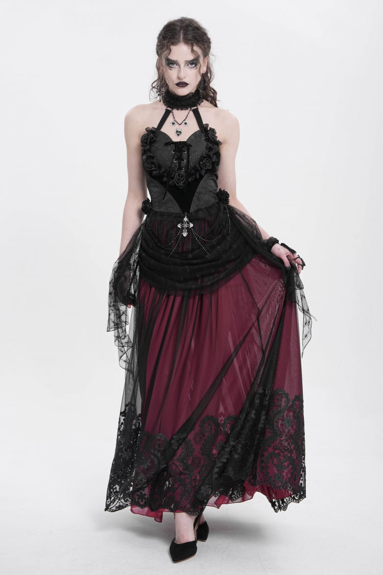 Red Stitching Floral Mesh Women's Gothic Skirt