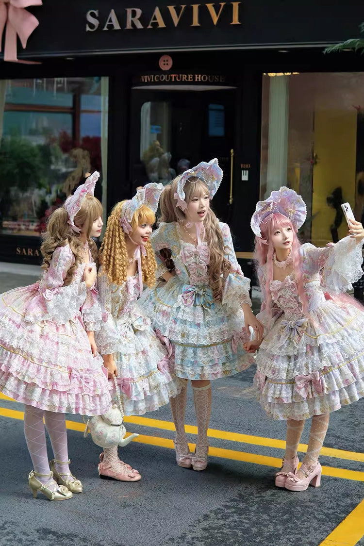 Pink [Candlelight Elegance] Long Trumpet Sleeves Multi-Layered Ruffle Bowknot Lace Sweet Elegant Lolita Dress