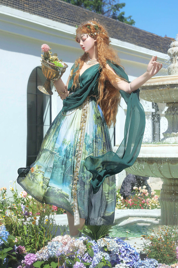 Green [Grace in Favor] V Collar Sleeveless Oil Painting Printed Sweet Lolita Jsk Dress