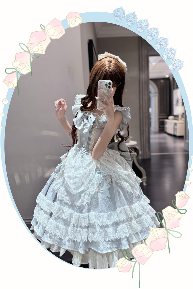 Blue [Fairy Tale Advent] Multi-Layered Ruffle Bowknot Lace Sweet Princess Gorgeous Lolita Tiered Dress