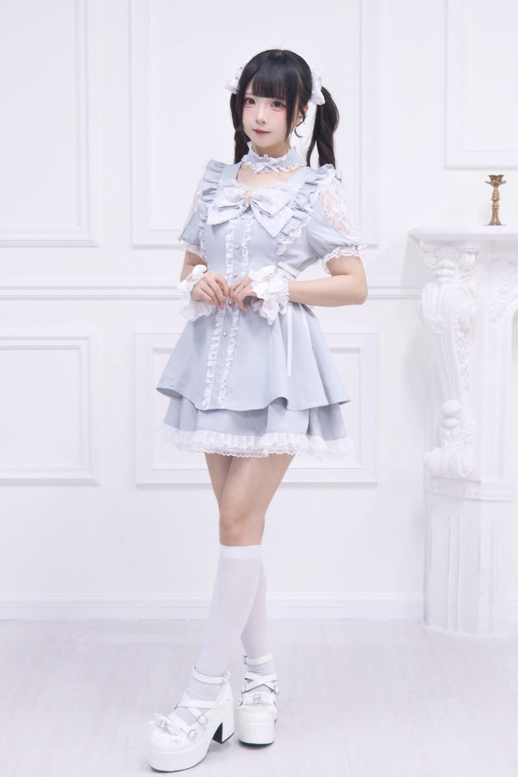 Light Blue [Waltz] Short Sleeves Ruffle Bowknot Gothic Jirai Kei Japanese Dress Set