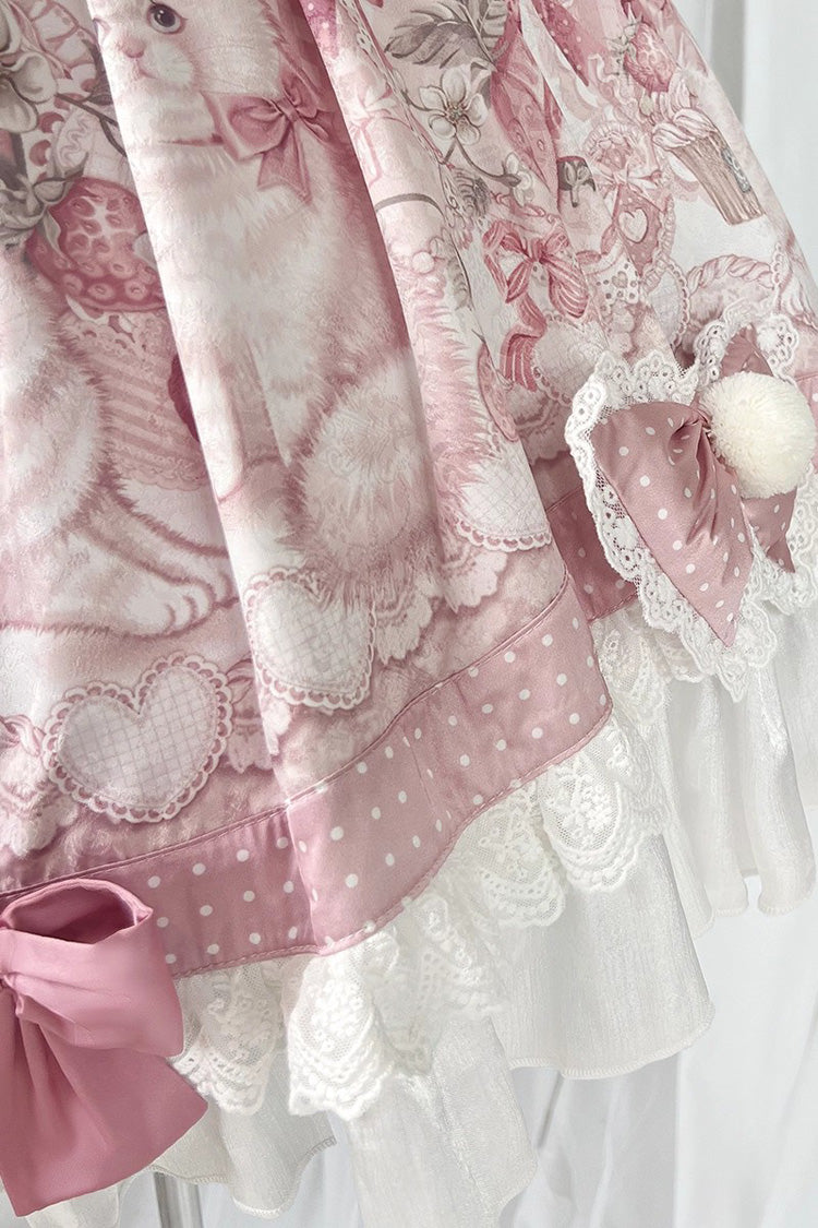 Pink [Cat Dessert House] Print Ruffle Bowknot Sweet Lolita Jsk Dress Set