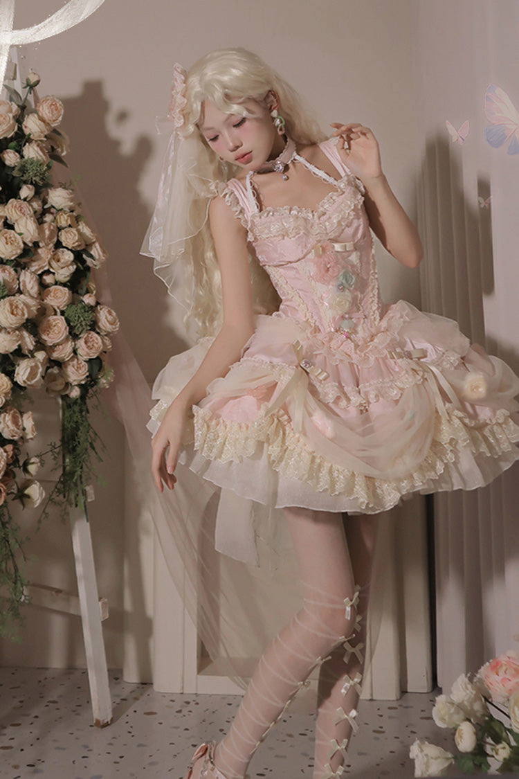 Pink [Dream Garden] Ruffle Hanayome Embroidery Bowknot Lace Fishbone Sweet Princess Gorgeous Lolita Jsk Dress