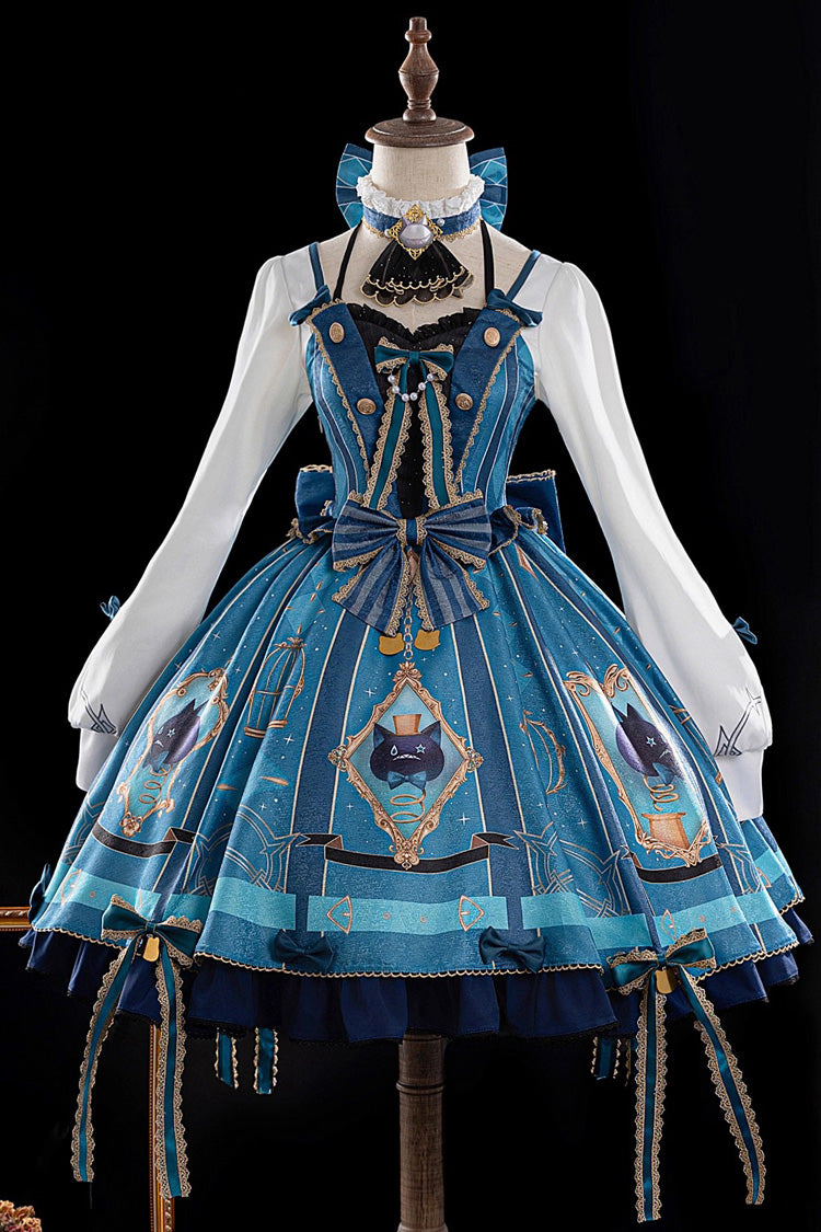 Blue/Green Genshin Impact Lynette Korean Cafe Style Cosplay Long Sleeves Print Bowknot Lace Sweet Lolita Dress Set