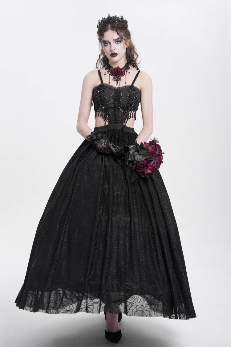 Black Jacquard Floral Embroidery Lace Ripped Women's Gothic Party Slip Dress