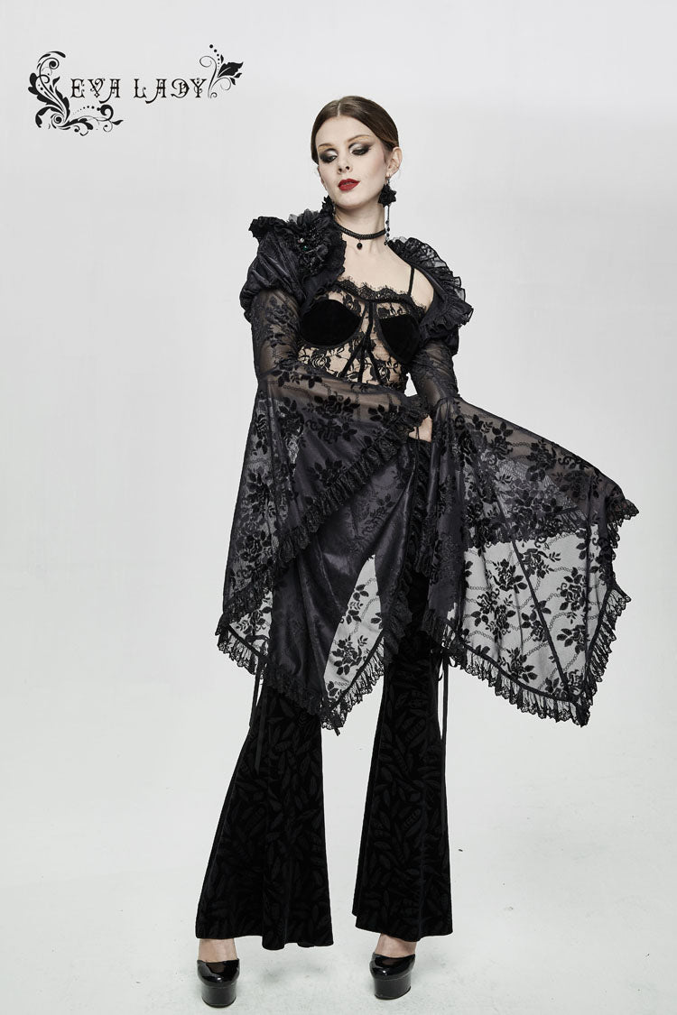 Black Transparent Lace Trim Big Trumpet Sleeve 3D Flower Rabbit Fur Lace Women's Gothic Shawl