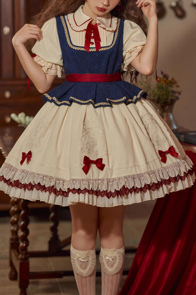 Multi-Color Snow White Lapel Collar Ruffle Short Sleeves Sweet Lolita Dress