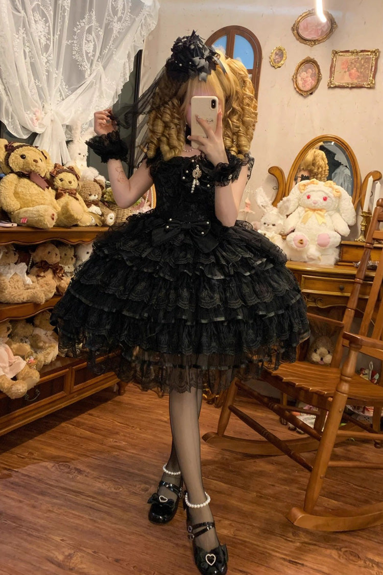 Black [Ballad of Feathers] Sleeveless Multi-Layered Ruffle Hanayome Bowknot Gothic Lolita Jsk Dress