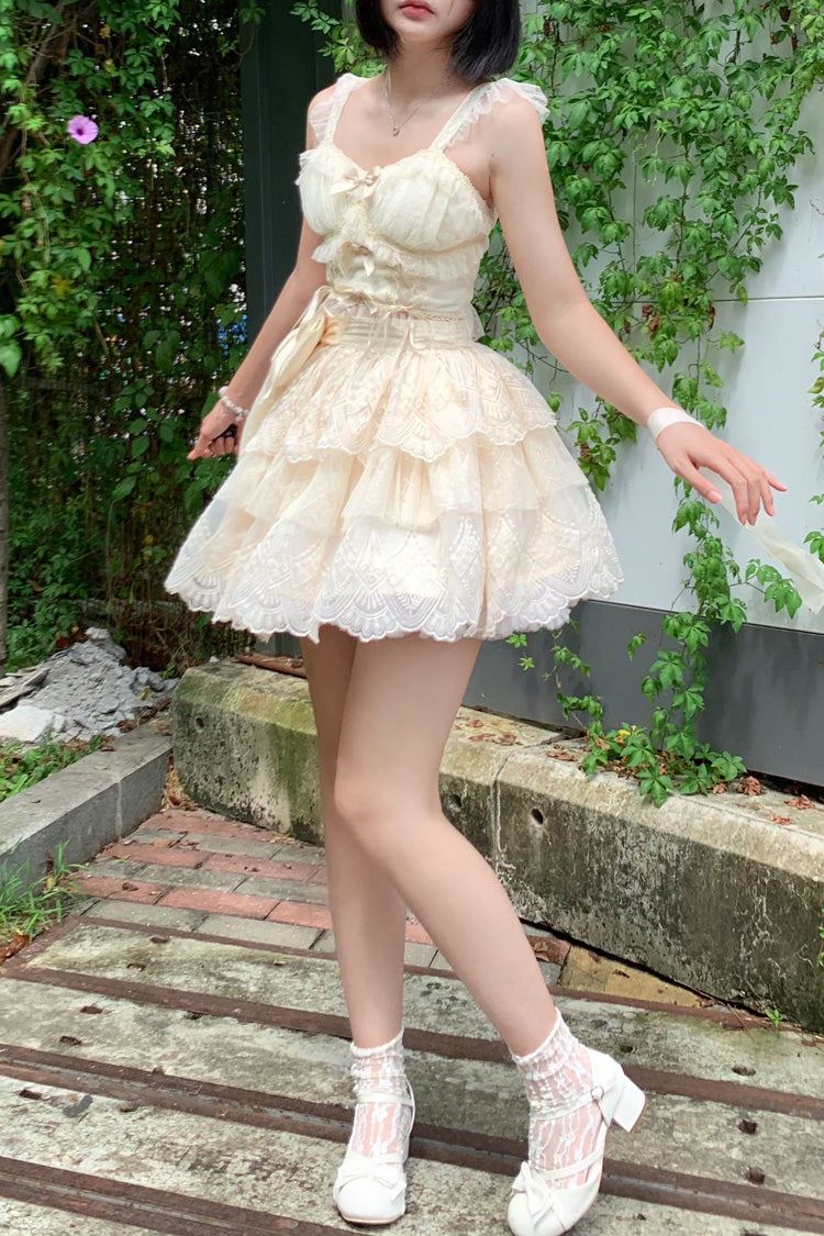 Ivory [Tidal] Triple-Layered Ruffle Bowknot Sweet Lolita Skirt 2 Versions