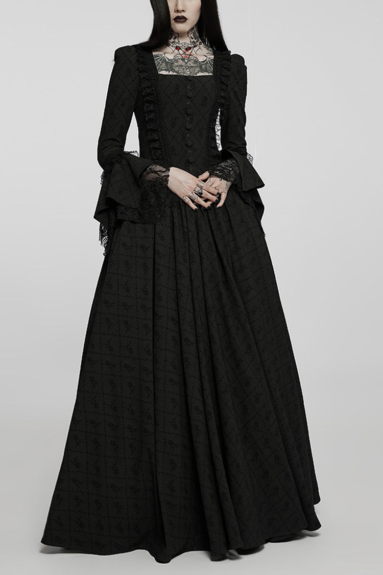 Black Square Collar Long Trumpet Sleeves Rose Print Lace Women's Gothic Elegant Dress