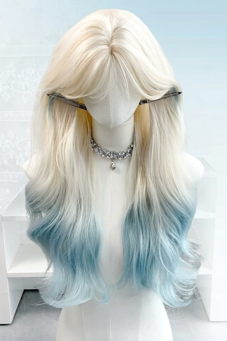 Perruque Lolita Douce Longue Ondulée Bleu Clair/Or Ombre