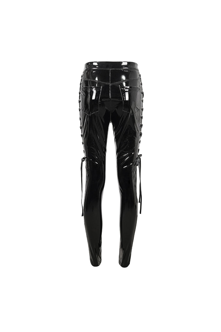 Black Patent Leather Side Cutout Lace Up Women's Punk Pants