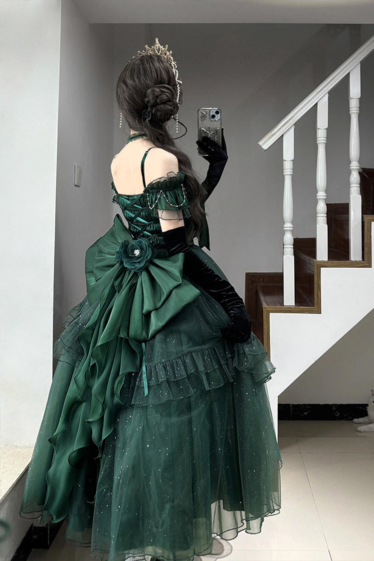 Green [Bright Stars] Off Shoulder Ruffle Bowknot Asymmetric Sweet Elegant Princess Lolita Dress