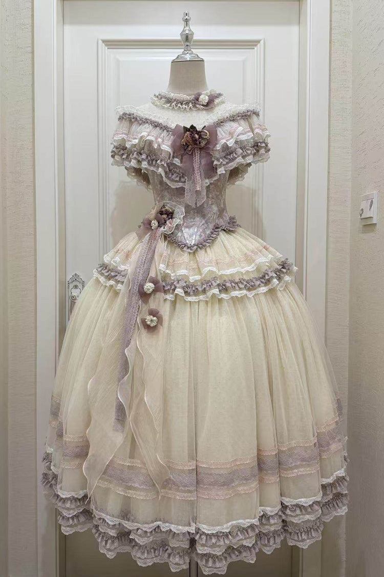 パープル【藤の詩】ノースリーブフリル切り抜き刺繍リボンレース甘ロリータスカート2点セット