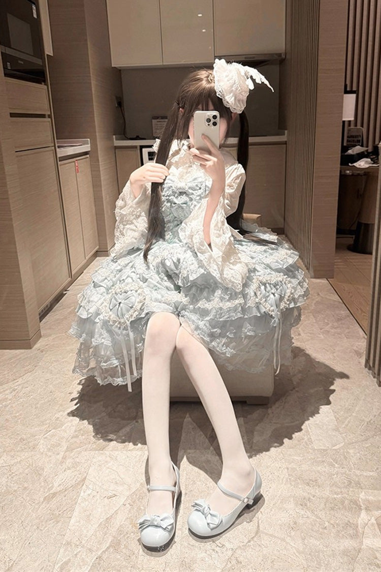 Robe Jsk Sweet Lolita en dentelle à nœud papillon broderie Hanayome à volants multicouches bleu [Sweetheart Diary] 