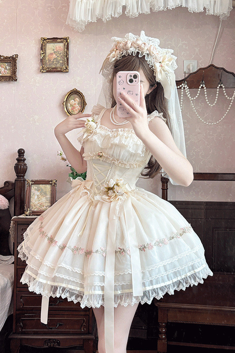 [Mist Champagne] Multi-Layered Ruffle Bowknot Lace Sweet Elegant Ballet Lolita Jsk Dress 3 Colors