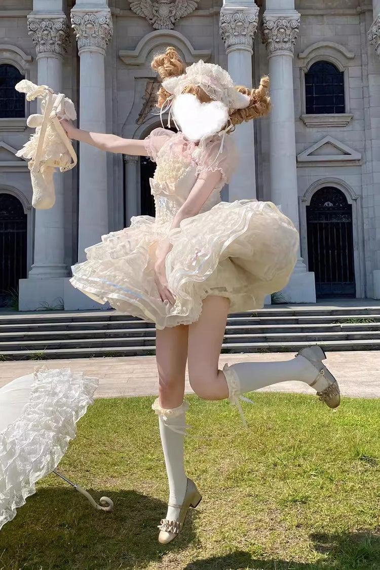 Apricot [Butterfly Heart Ballet] Triple-Layered Ruffle Bowknot Lace Sweet Ballet Lolita Jsk Dress
