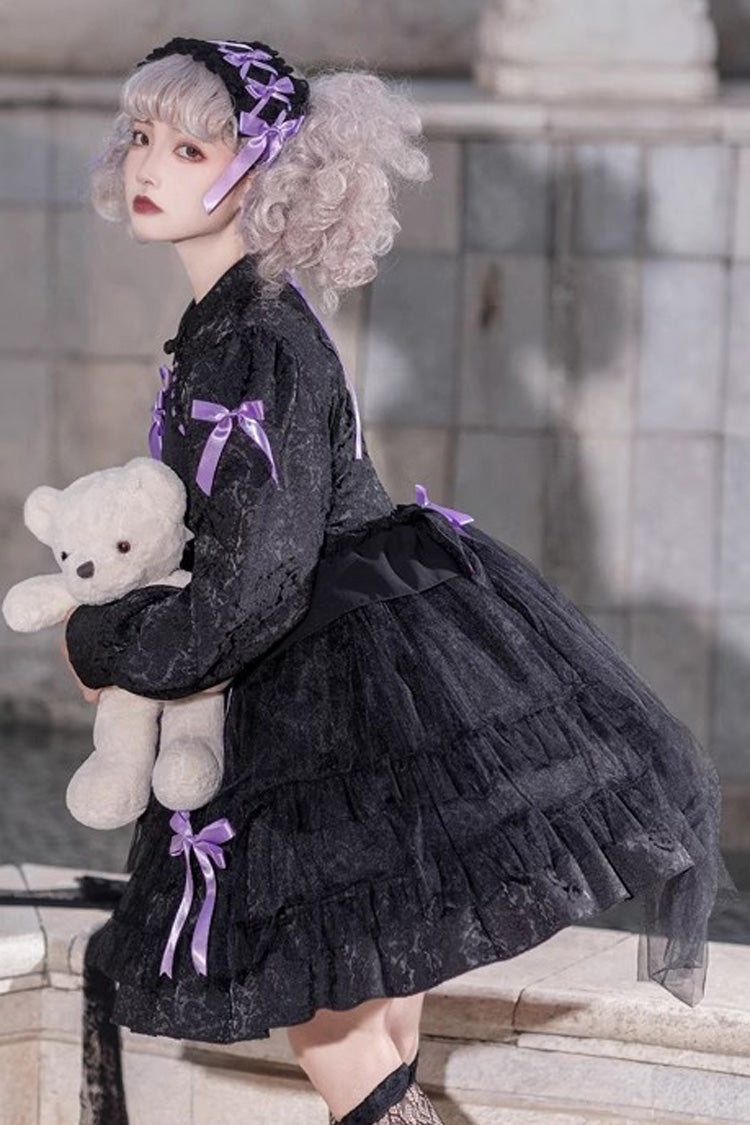 [Love Song] Long Sleeves Multi-Layered Jacquard Ruffle Bowknot Sweet Gothic Lolita Dress 3 Colors