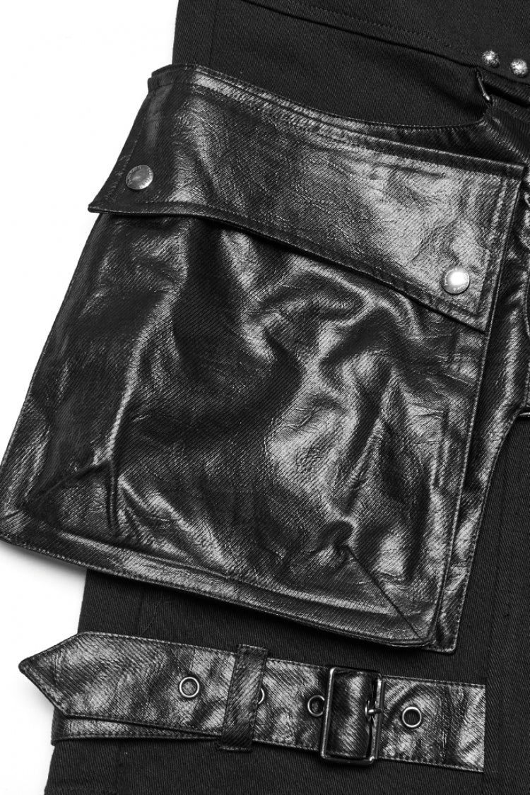 Black Big-pocket Faux Leather Stitching Men's Punk Shorts