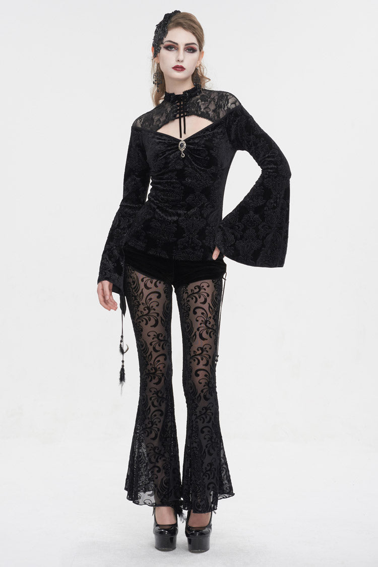 Black Lace Cutout Round Collar Flared Sleeved Floral Embossed Women's Gothic Shirt