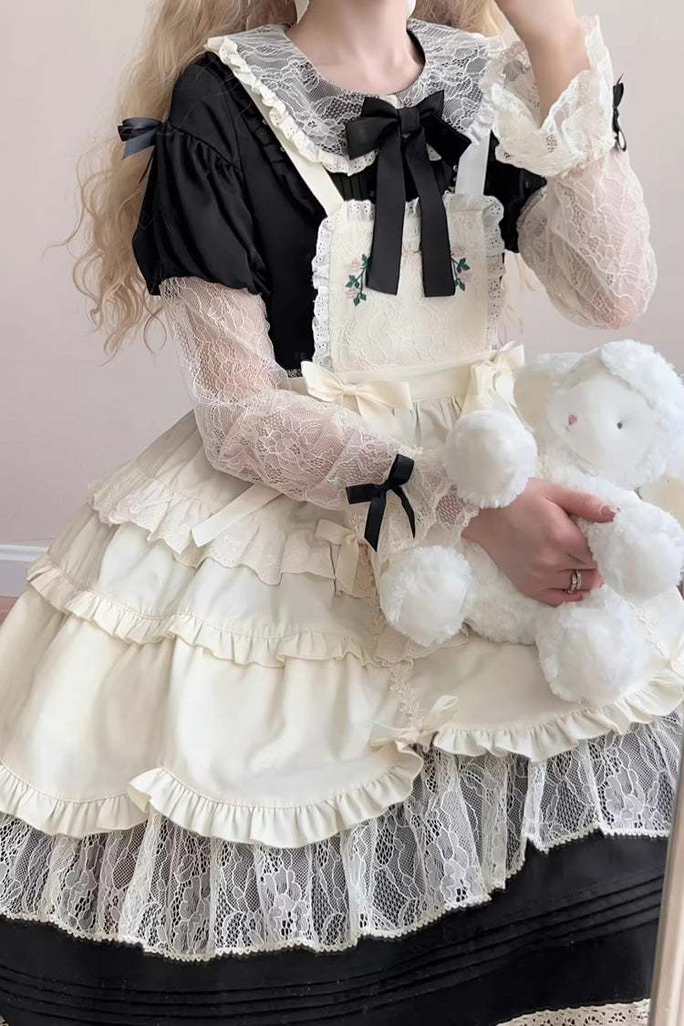 Black [Mist over Flowers Along the Path] Lapel Collar Long Sleeves Embroidery Bowknot Lace Sweet Lolita Dress
