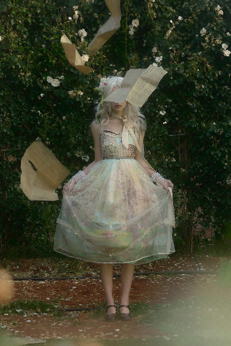 Green [Oil Painting – Spring] Sleeveless Print Ruffle Bowknot Lace Sweet Lolita Jsk Dress