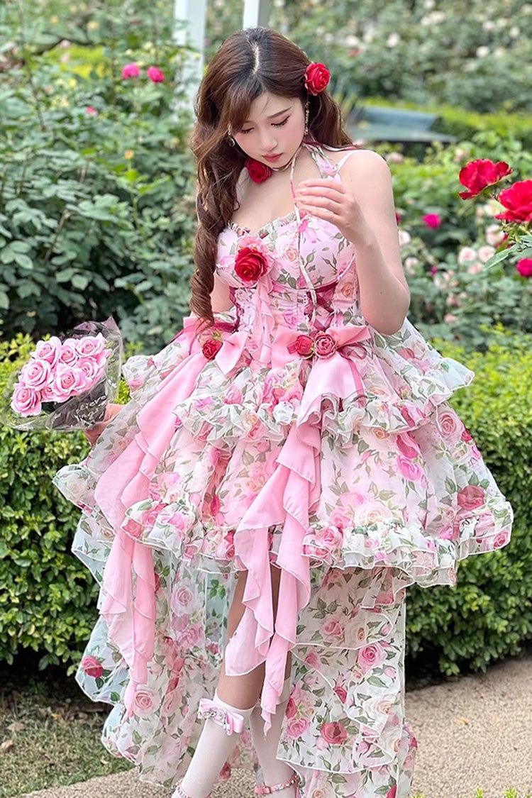 Pink Multi-Color Rose Print Sleeveless Sweet Lolita Strapless Dress