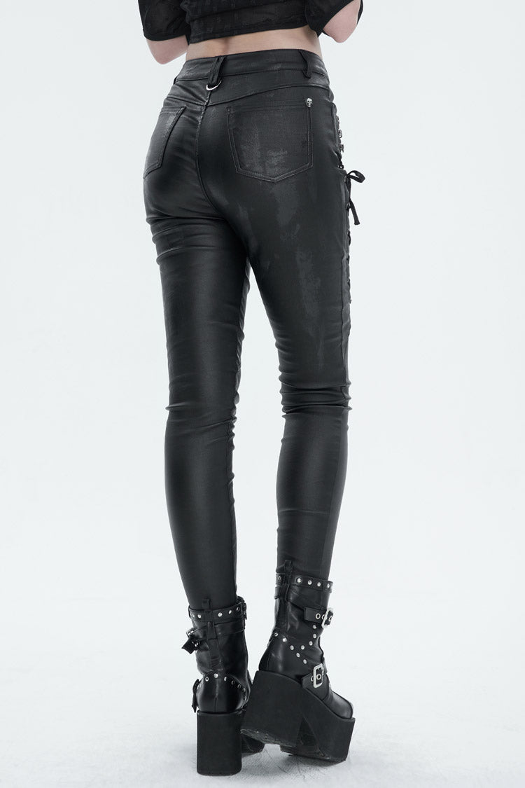 Black Stretch Faux Leather Paneled Mesh Women's Punk Trousers