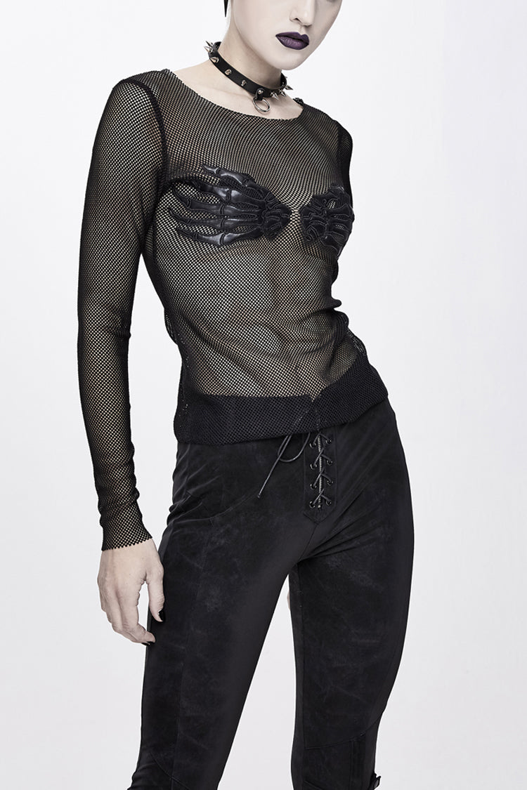 Schwarzes Punk-Mesh-Shirt mit rundem Kragen und Brustpartie und Totenkopf-Palme für Damen
