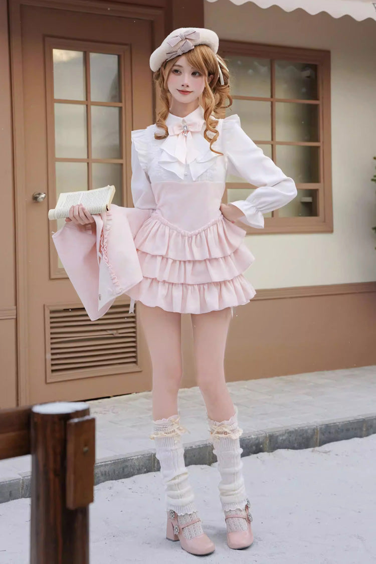 Pink [Cherry Blossom Snow] Lapel Collar Long Sleeves Triple-Layered Ruffled Bow Faux Two-Piece Sweet Lolita Dress