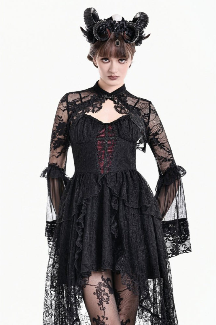 Black Women's Gothic Stand Collar Long Tiered Flare Trumpet Sleeves Mesh Lace Cape