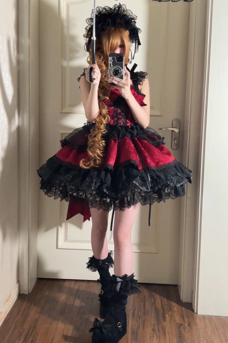Red [Fleishi Island] Sleeveless Ruffle Bowknot Lace Slim Sweet Ballet Lolita Jsk Dress