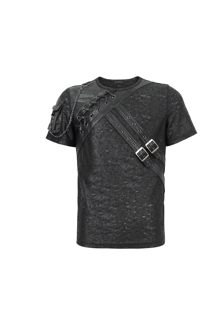 Black Vintage Print Buckle Splice Faux Leather Men's Punk T-Shirt