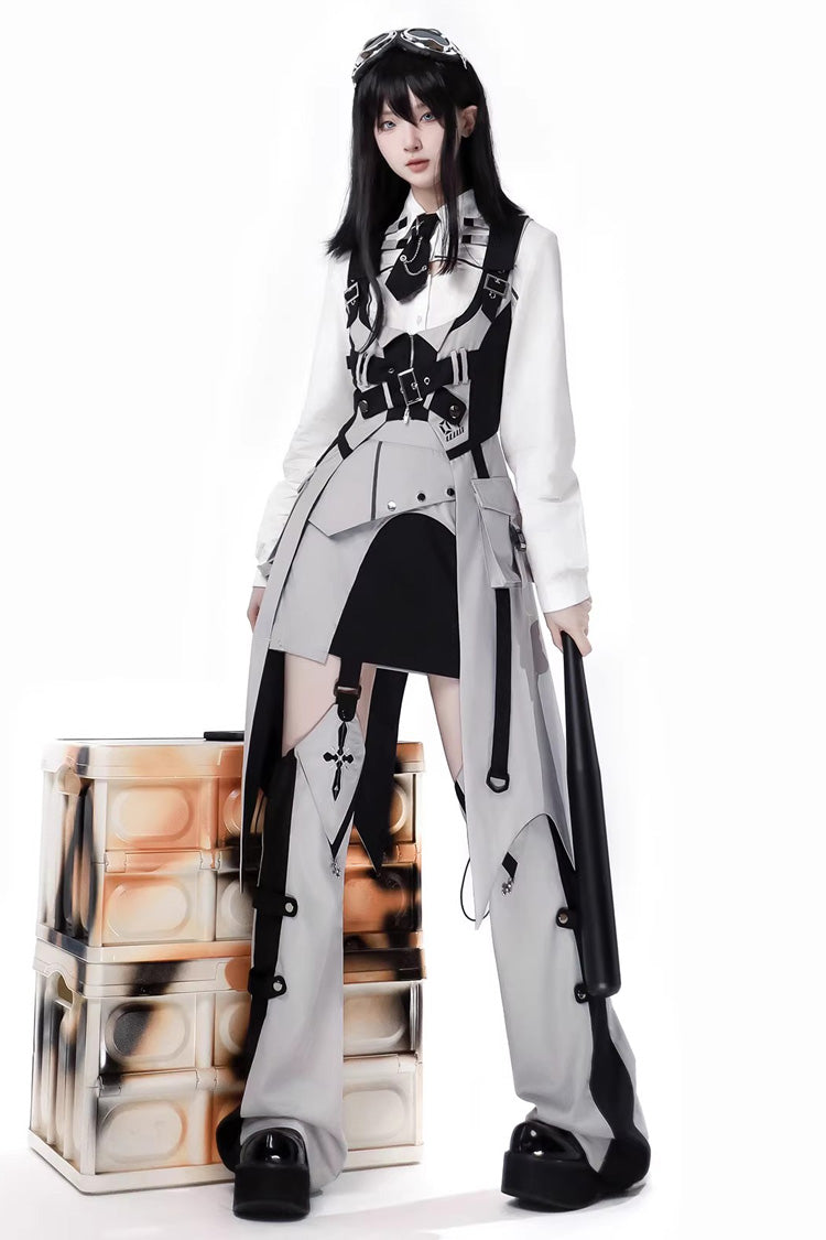 Black/White Long Sleeves Color Matching Handsome Sci-fi Lolita Skirt Set