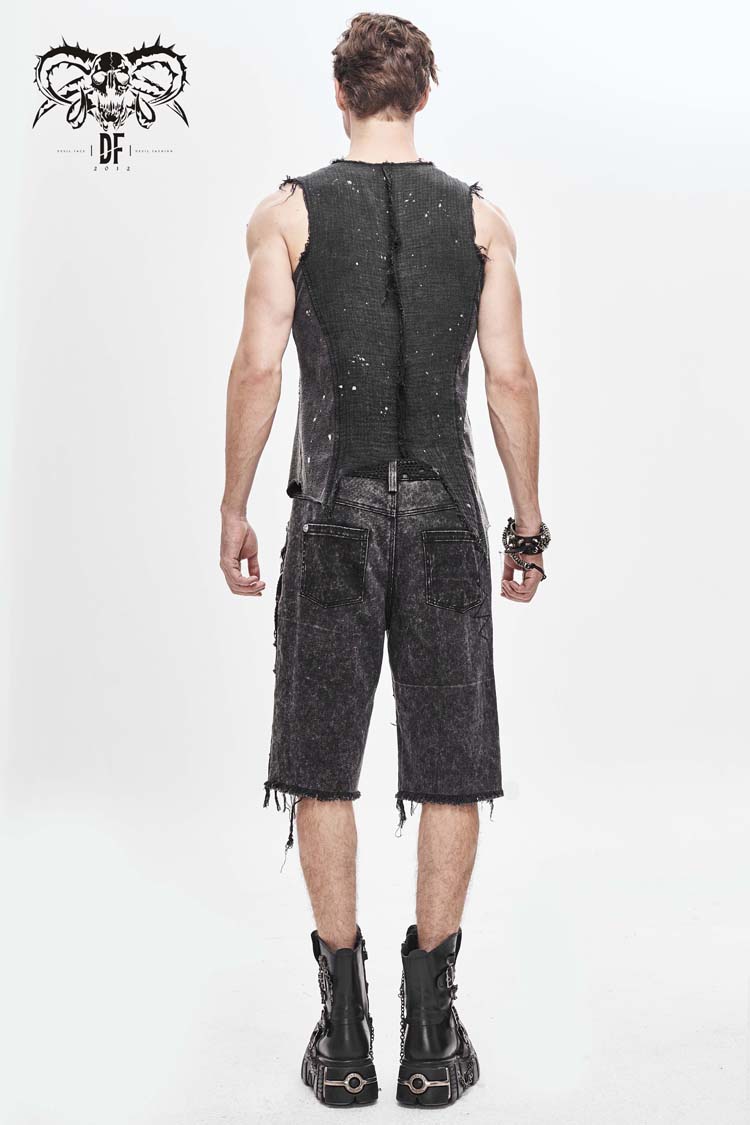 Black V-Neck Sleeveless Ripped Buckle Straps Men's Gothic Vest ...