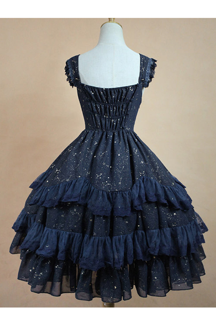 Chiffon Golden Star Bowknot Print Classic Lolita Sling Dress